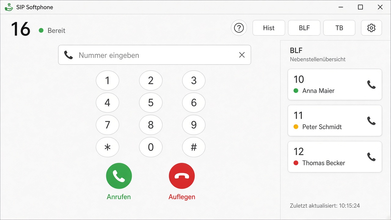 Screenshot SIP Client Hauptfenster mit Wähltastatur und BLF-Panel