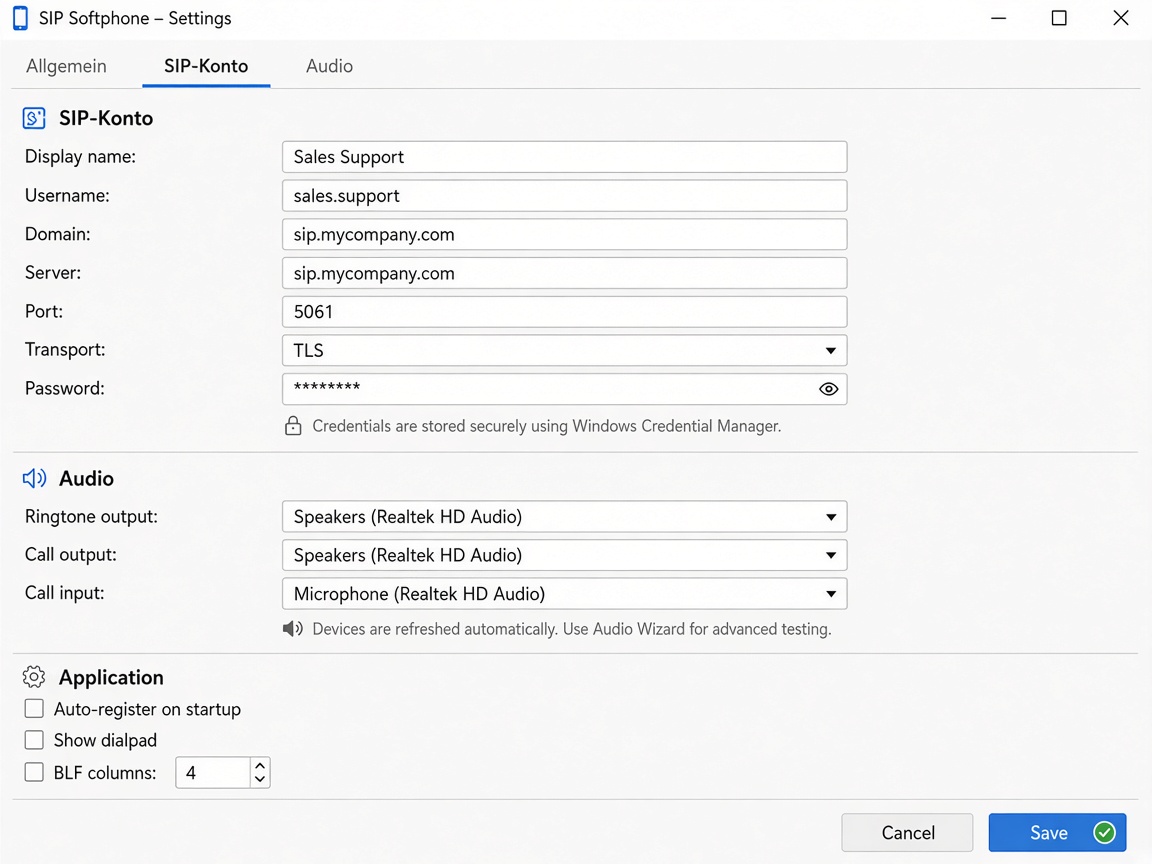 Screenshot SIP Client Einstellungen SIP-Konto Audio und Application