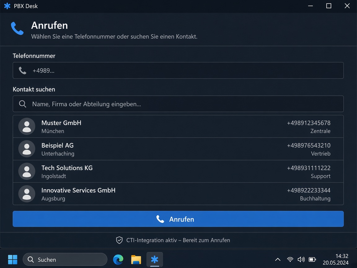 PBX Desk Click-to-Call Fenster mit Nummernsuche