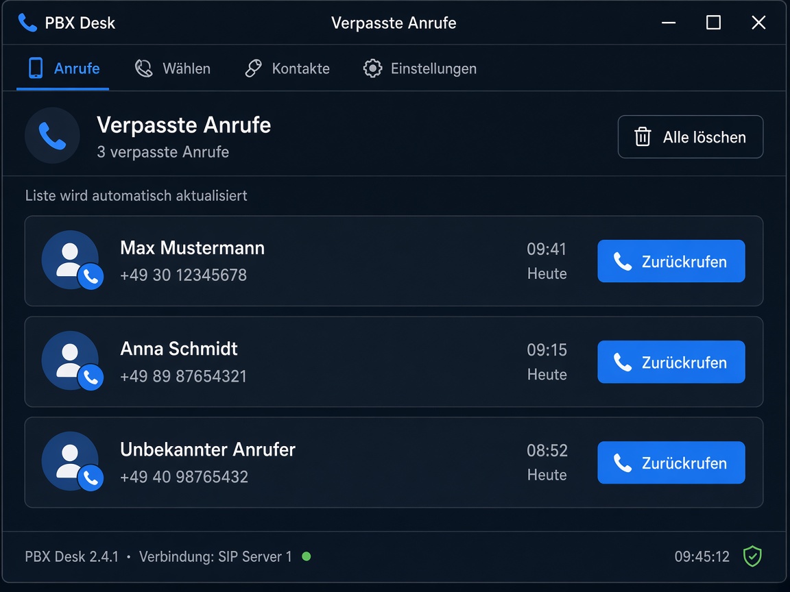 PBX Desk Liste verpasster Anrufe mit ZurĂĽckrufen